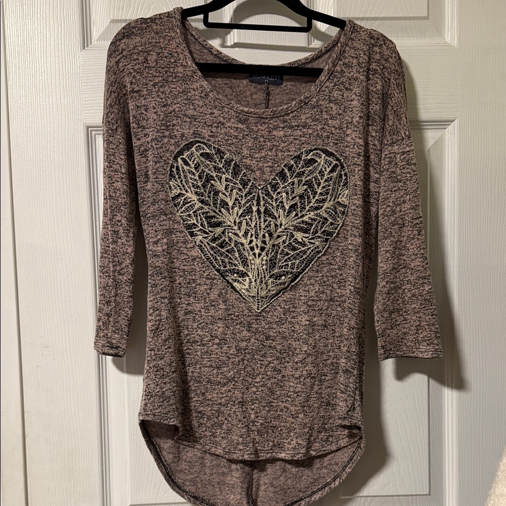 Scarlett Heathered Brown Long Sleeve Top with Heart Design